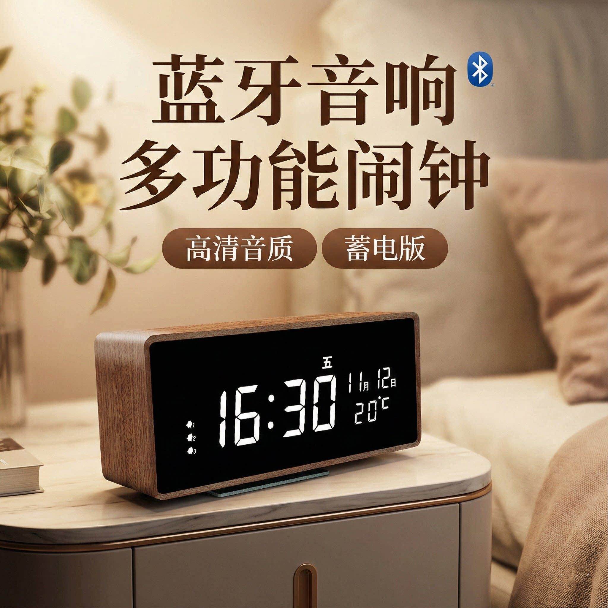 LED数字时钟电子显示钟表台式自动对时实木闹钟音响床头客厅桌面
