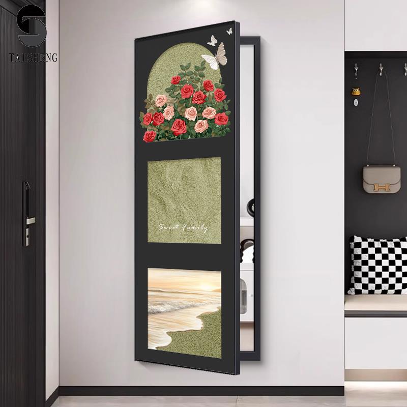 法式复古玫瑰隐藏式全身镜子挂墙翻开门推拉隐形挂画暗藏式穿衣镜