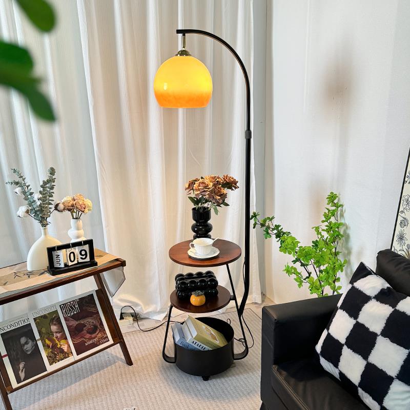 落地灯客厅沙发旁中古风装饰氛围灯柚子灯卧室床头置物架充电台灯