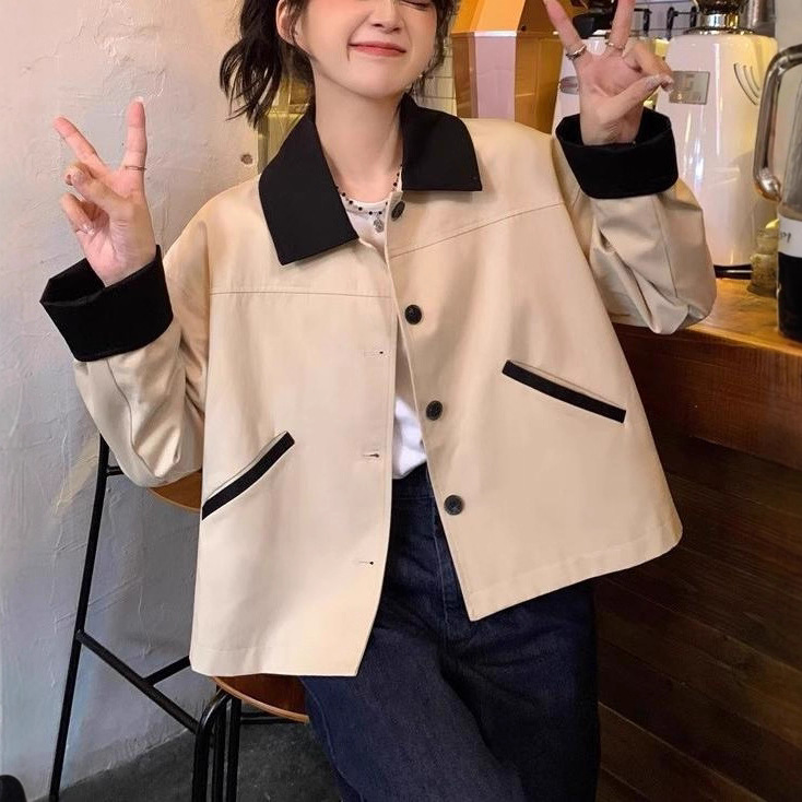 撞色拼接翻领小个子风衣