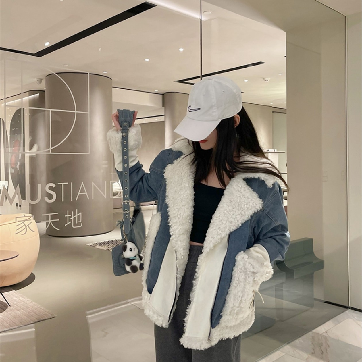 实拍实价 羊羔毛绒棉衣棉服女冬设计感小个子加厚牛仔外套ins港风