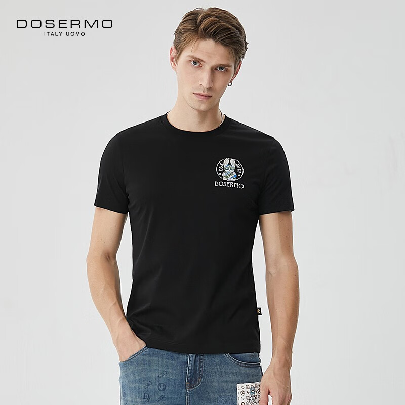 丹西摩（DOSERMO）轻奢男装纯棉短袖t恤兔年烫钻印花兔子时尚百搭