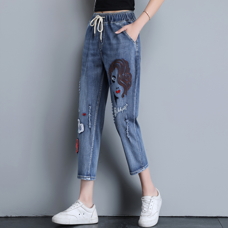 刺绣牛仔裤女2021夏季薄款松紧腰显瘦宽松八九分哈伦