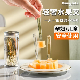 一次性水果叉高级感家用儿童孕妇安全双齿甜品点心小叉子带收纳罐