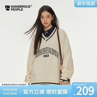 Dangerouspeople薛之谦dsp撞色嵌花V领宽松学院风百搭针织衫 毛衣