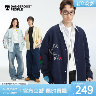 针织衫 Dangerouspeople薛之谦dsp时尚 V领提花刺绣宽松百搭潮开衫