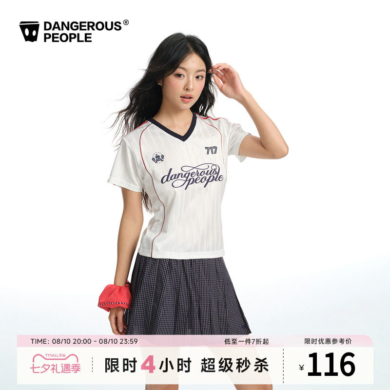 Dangerouspeople薛之谦dsp撞色V领字母短袖潮牌经典球衣运动T恤女