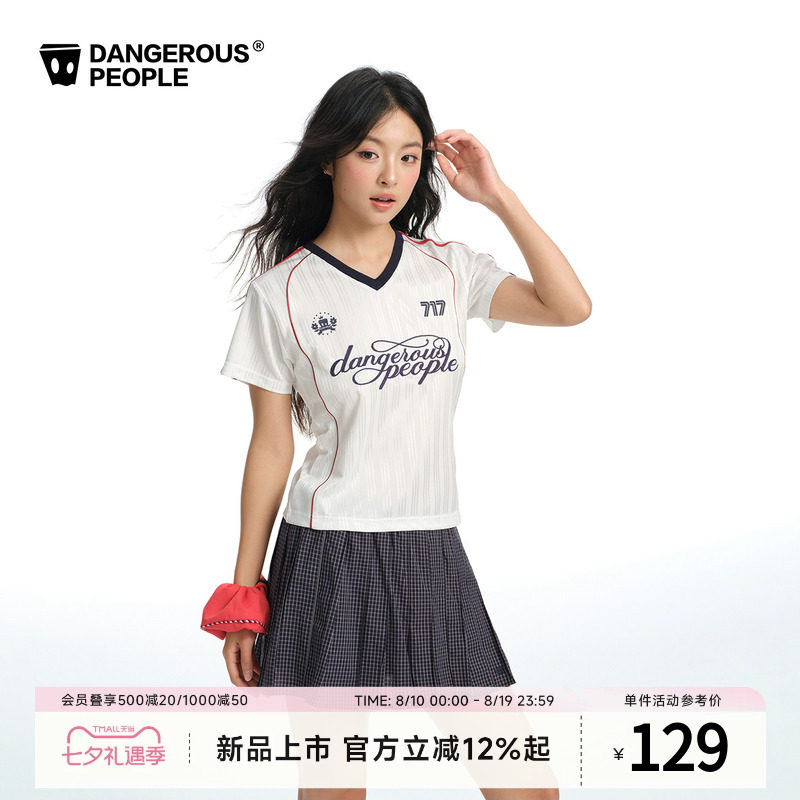 Dangerouspeople薛之谦dsp撞色V领字母短袖潮牌经典球衣运动T恤女