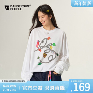 Dangerouspeople薛之谦dsp项链印花T恤秋季 潮牌全棉百搭情侣长袖