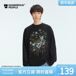 Dangerouspeople薛之谦dsp复古烟花网印潮酷宽松休闲百搭长袖 T恤