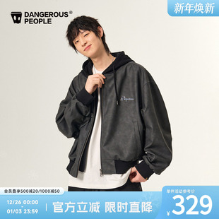 Dangerouspeople薛之谦dsp做旧复古假两件PU夹克秋季 宽松连帽外套