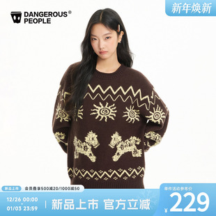 Dangerouspeople薛之谦dsp民族风小马提花圆领针织衫 落肩宽松毛衣