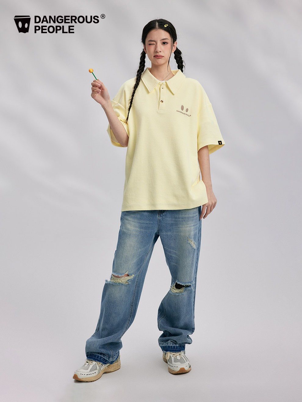 DANGEROUSPEOPLE XUE ZHIQIAN DSP CONTRAST SMALL EYE EMBROIDERY CASUAL AND VERSATILE LOOSE SHORT SLEEVE POLO SHIRT