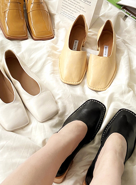 miista MI_3313单鞋米黄色方头牛皮黑色皮鞋一脚蹬乐福鞋粗跟单鞋