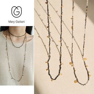 希腊Mary Gaitani小众手工锤痕项链金币半宝石黑尖晶石叠戴毛衣链