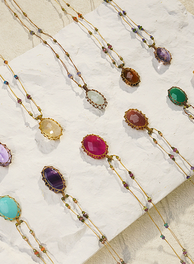 Sharing半宝石吊坠项链天然彩色裸宝石原石气质红色毛衣链54cm