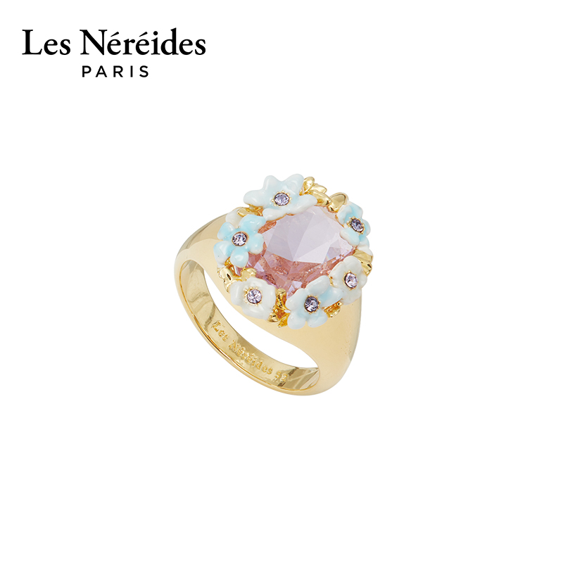 Les Nereides时光礼遇系列 蓝色花朵与水晶石 戒指多巴胺精致琉璃