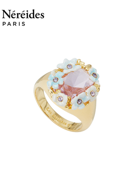 Les Nereides时光礼遇系列 蓝色花朵与水晶石 戒指多巴胺精致琉璃