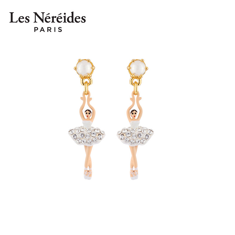 Les Nereides芭蕾女孩迷你系列静雅白水钻耳环 时尚设计独特小众