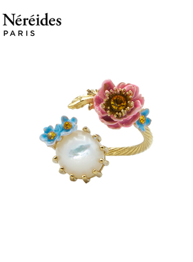 Les Nereides小特里亚侬系列 紫苑花与珍珠 可调节戒指