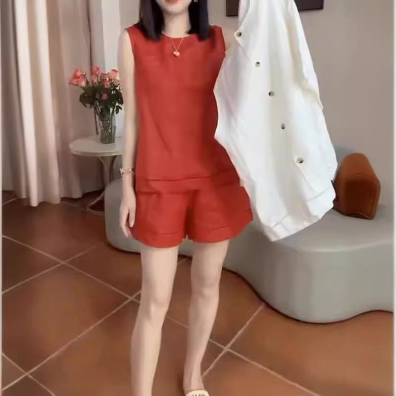 日系george melis夏季新款色无袖背心宽松阔腿短裤棉麻套装