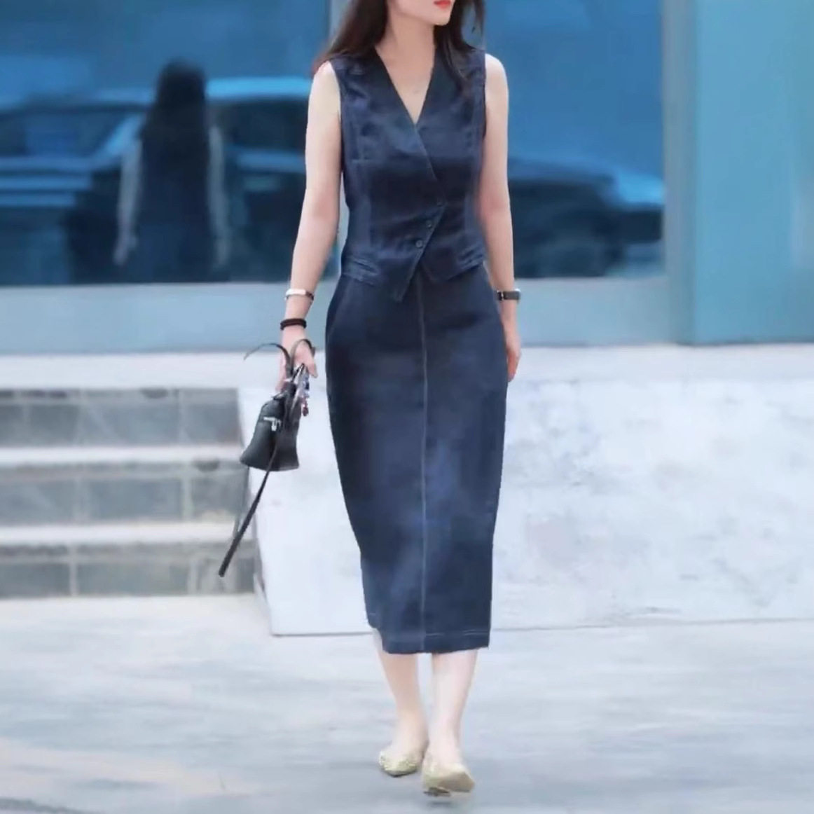 日系george melis夏季新款优雅高级感v领无袖马甲半身裙套装女