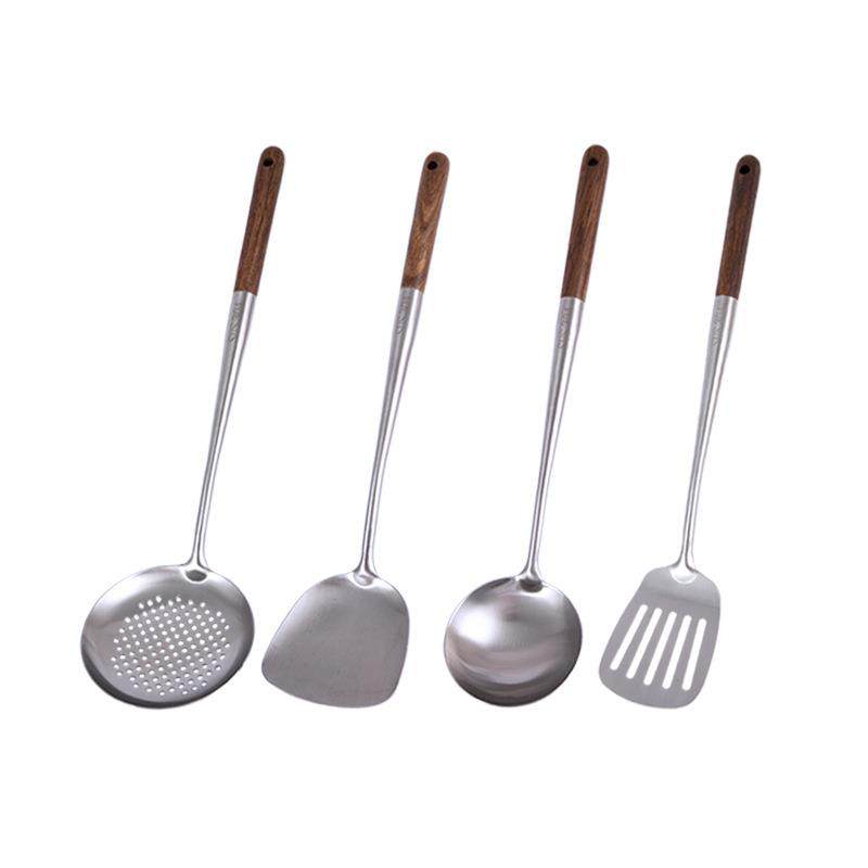304不锈钢炒铲漏勺套装加长款防烫木柄锅铲家用烹饪炒勺厨师专用