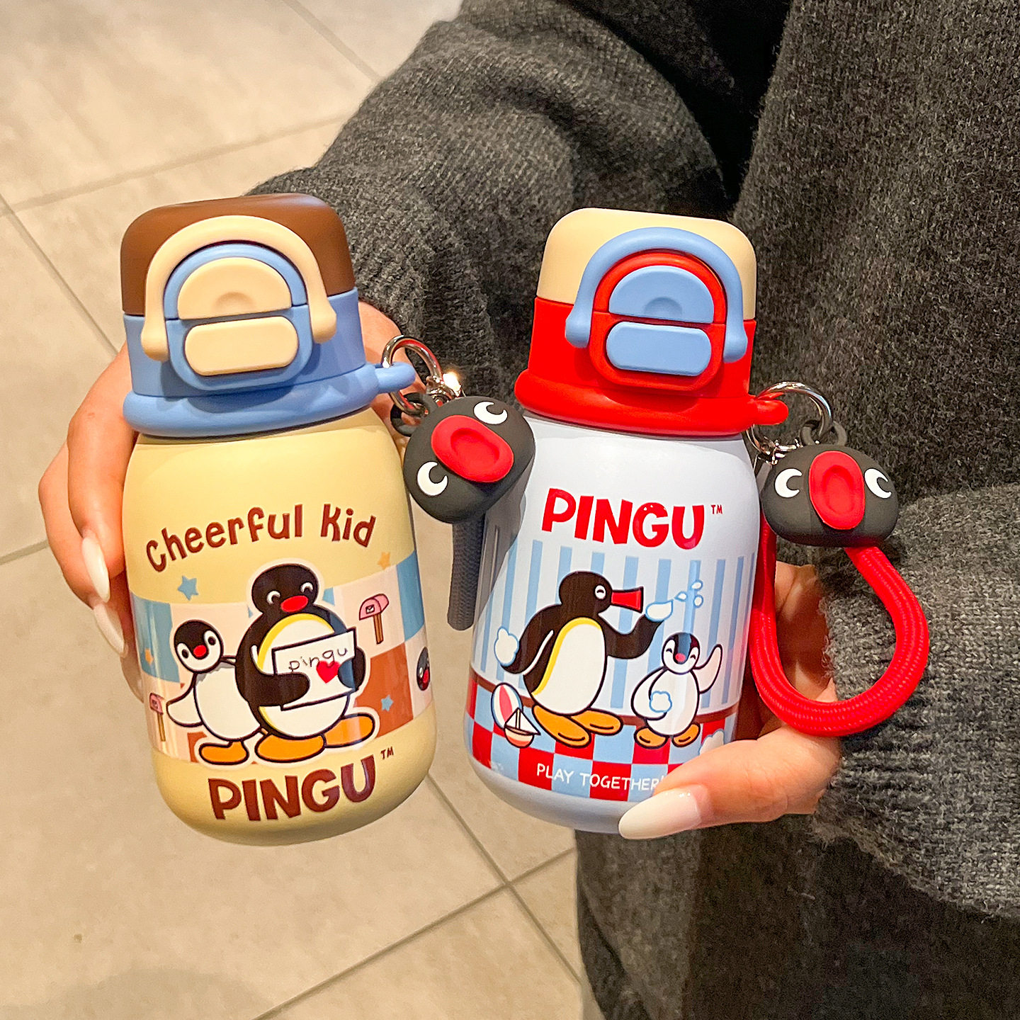 pingu拼古企鹅保温杯儿童学生上学专用316不锈钢水杯子女孩带吸管