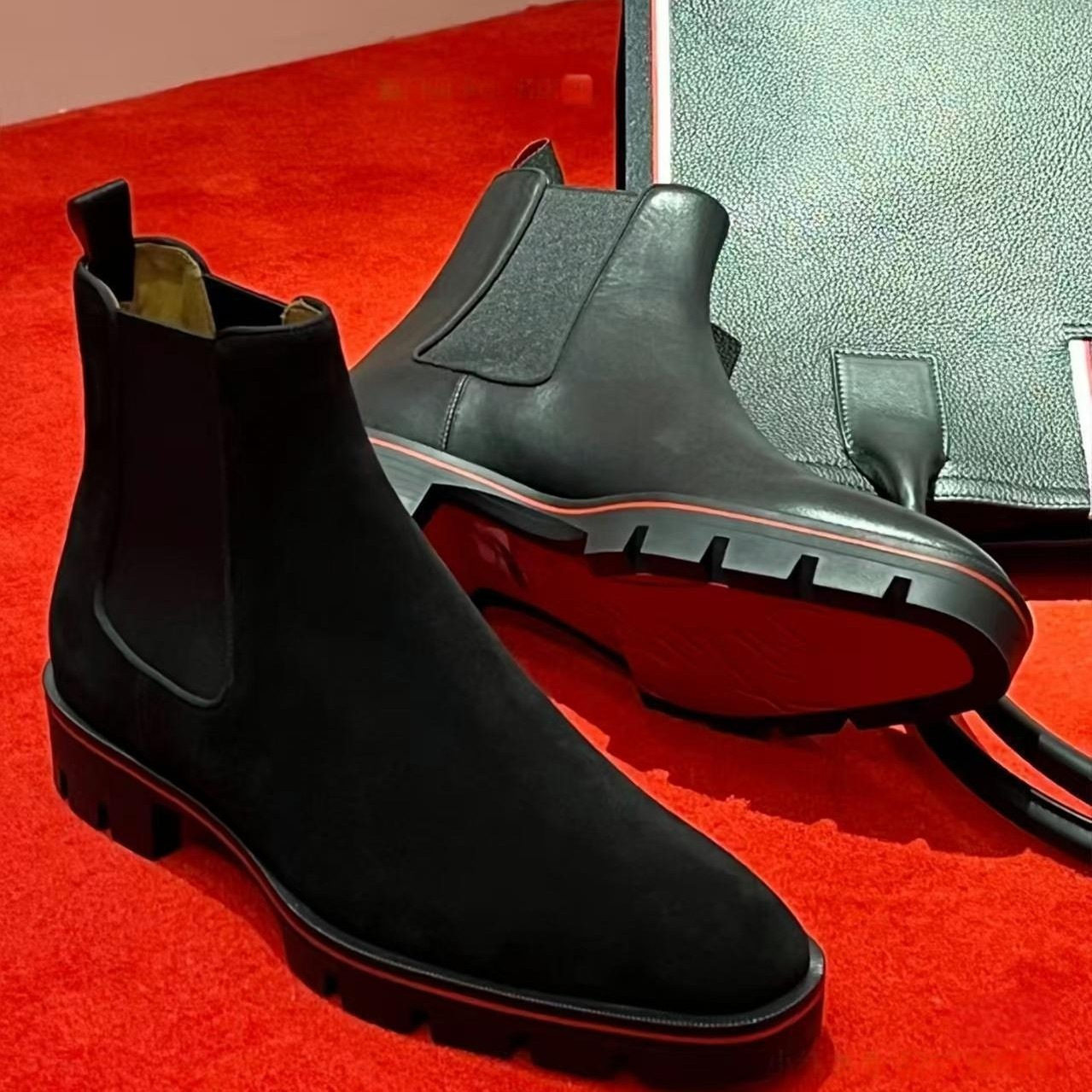 2026新款男士高帮水晶切尔西短靴子男鞋铆钉红底男靴时尚厚底皮靴