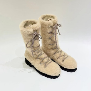 羊毛版冬新款厚底百搭毛绒绒系带滑雪靴子中筒保暖棉靴加绒雪地靴