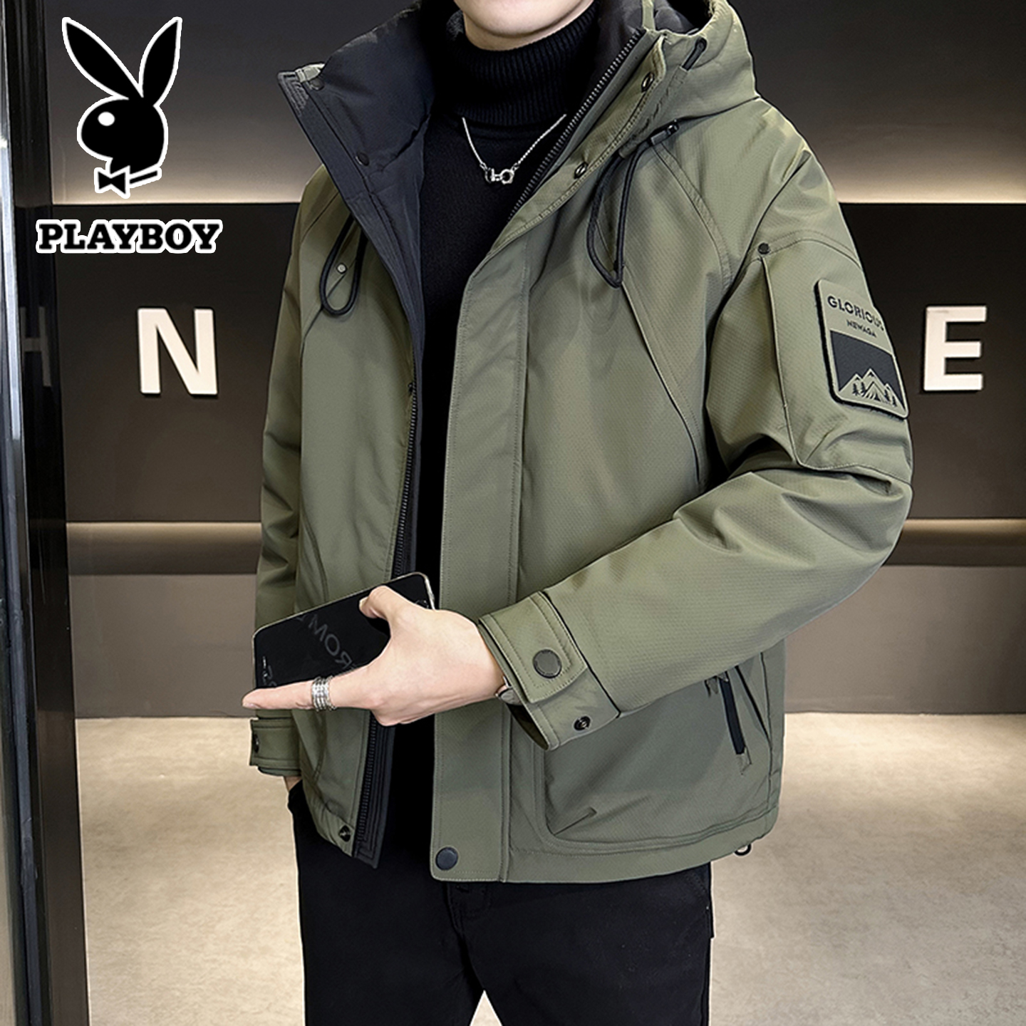 花花公子休闲连帽短款户外羽绒服