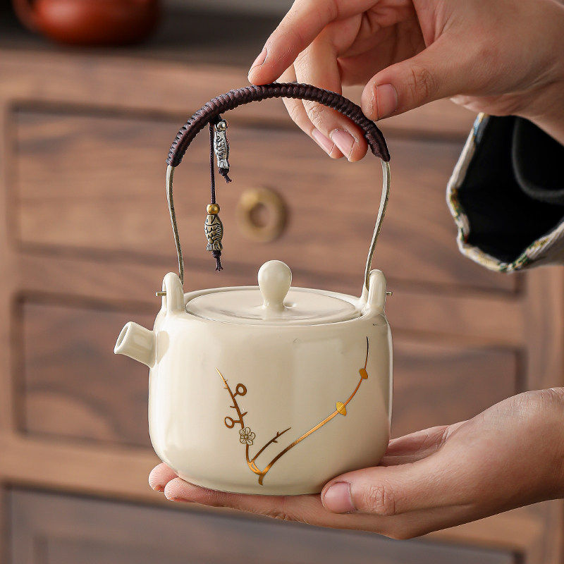 描金梅花汝窑提梁壶家用陶瓷泡茶壶功夫茶具茶杯轻奢高档泡茶壶,餐饮具,茶壶,淘宝优惠券,粉丝福利购,淘宝优惠卷
