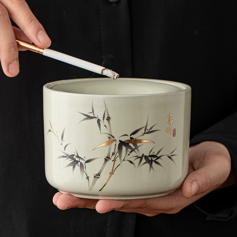 汝窑冰裂釉开片烟灰缸带盖防飞灰家用客厅时尚个性潮流高级感烟缸