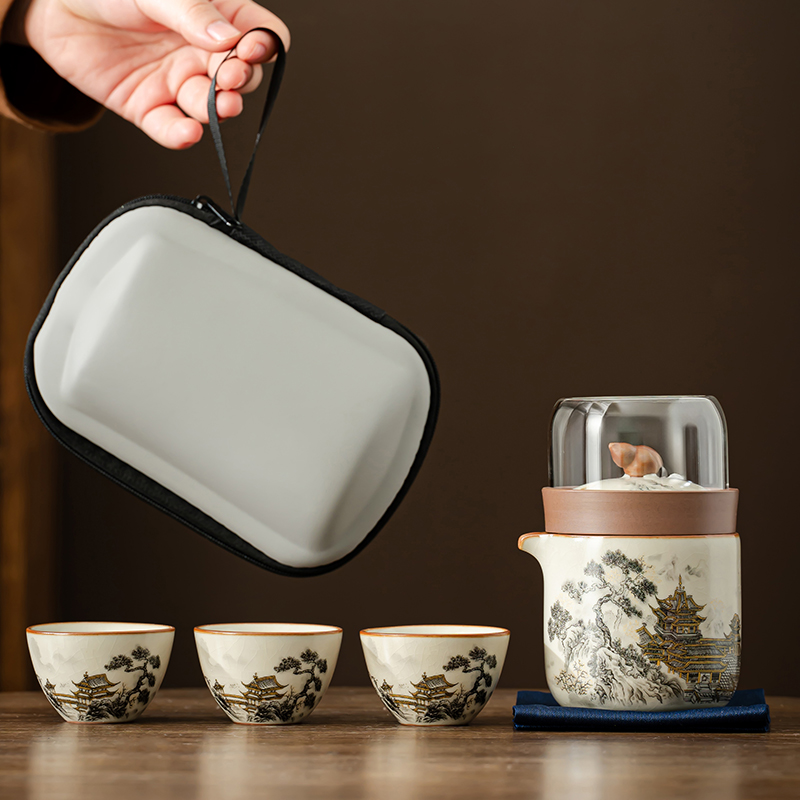 汝窑旅行茶具套装家用便携式户外泡茶壶茶杯茶具茶水壶陶瓷功夫茶