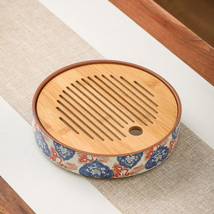 汝窑茶盘圆形竹面干泡茶台中式功夫茶具一壶四杯家用陶瓷茶托盘