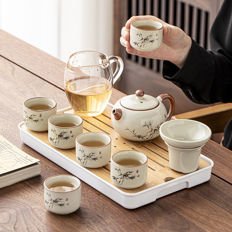 汝窑功夫茶具套组家用客厅喝茶盖碗泡茶壶茶杯陶瓷茶盘办公小套组,餐饮具,功夫茶具,淘宝优惠券,粉丝福利购,淘宝优惠卷