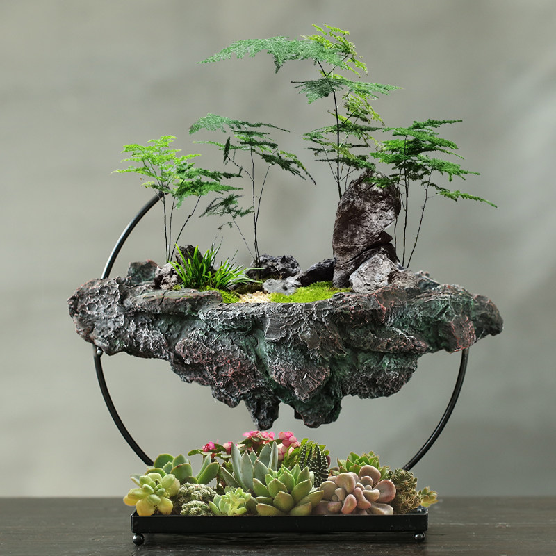 创意铁艺悬浮树脂摆件网红客厅多肉造景盆栽新中式文竹六月雪花盆