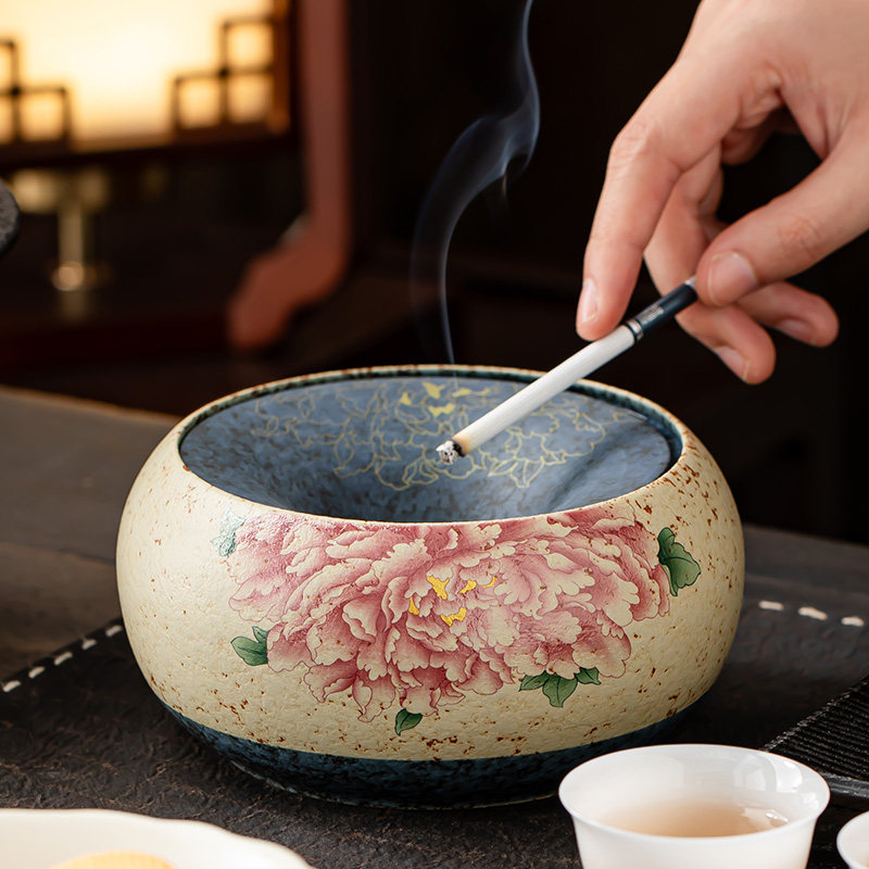 火石红芙蓉花陶瓷烟灰缸防灰飞