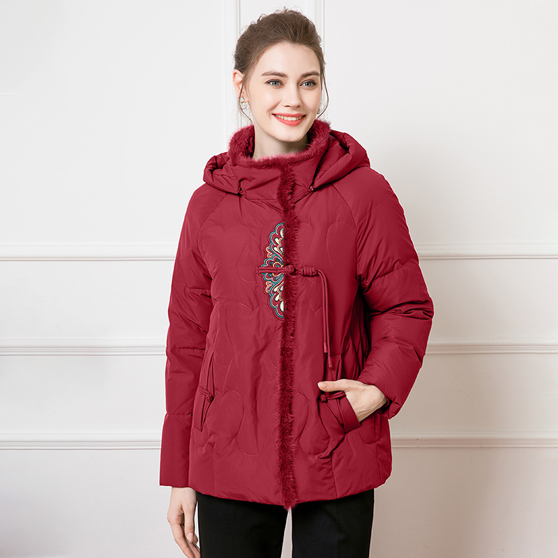 赏心岁月中老年人羽绒服女妈妈秋冬装连帽绣花中老年女装妈妈装