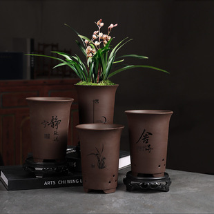 紫砂花盆陶瓷兰花盆君子兰盆兰草专用盆紫砂多肉老桩盆景盆带托