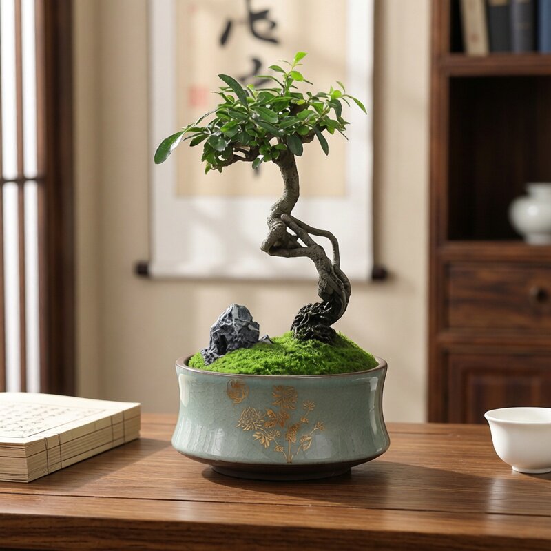 哥窑紫砂蝴蝶兰造景文竹花盆陶瓷