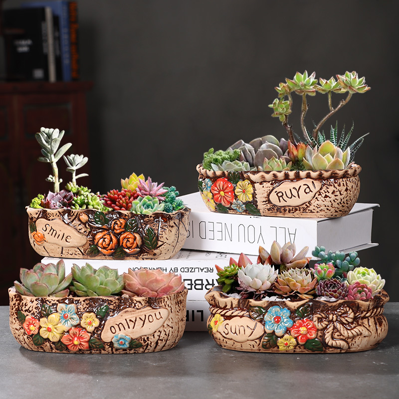 简约多肉植物肉肉长方形大口径粗陶透气大号创意陶瓷花盆特价清仓