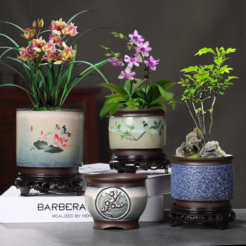 老岩泥多肉花盆陶瓷粗陶紫砂创意蝴蝶兰植物复古盆景盆清仓带托盘