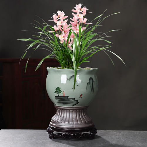 2021新款中国风复古手绘兰花专用多肉花盆陶瓷高款紫砂大号中式盆