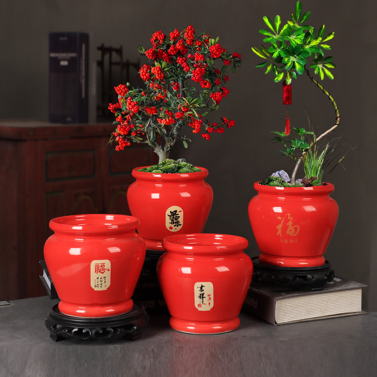 中国红色吉祥陶瓷花盆装饰室内桌面蝴蝶兰盆栽植物创意花器带底座