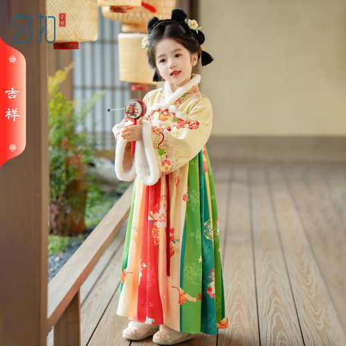 乌扣.吉祥 女童汉服冬季儿童中国风古装超仙襦裙新年加厚保暖拜年