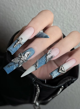 辣妹小众纯手工穿戴甲蓝色法式牛仔立体kt猫双拼手绘美甲贴