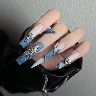 辣妹小众纯手工穿戴甲蓝色法式牛仔立体kt猫双拼手绘美甲贴