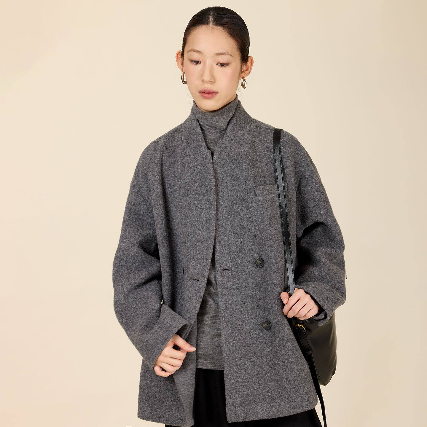 冬季新款灰色廓形连身立领毛呢外套女简约慵风显瘦百搭毛呢大衣