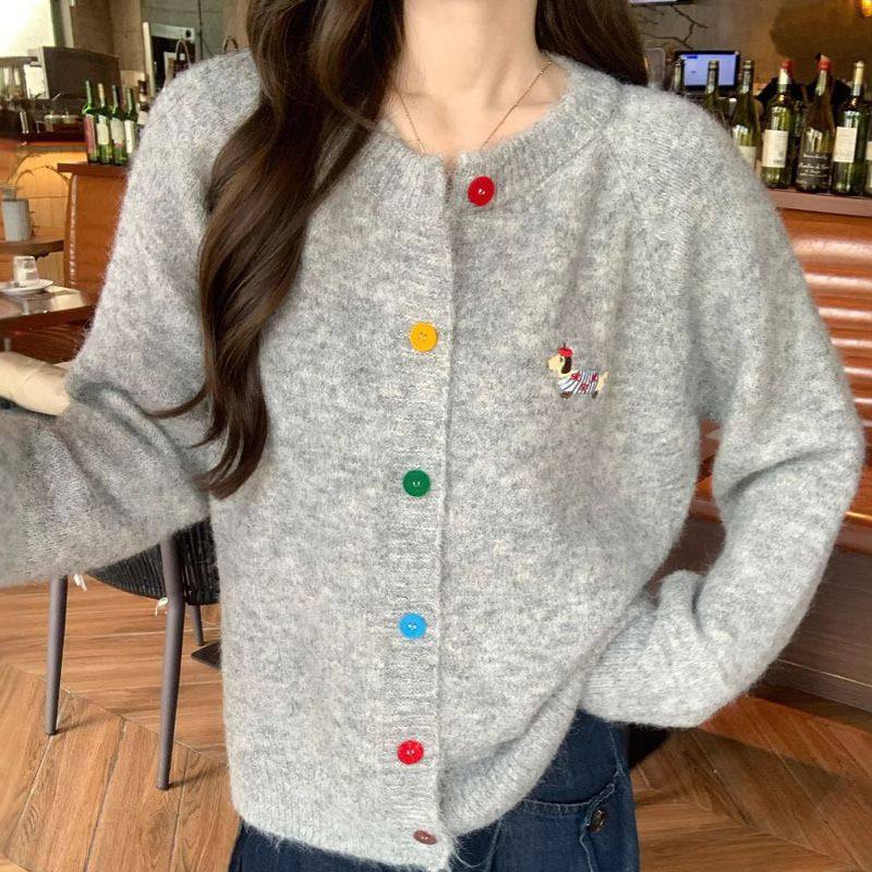 女装韩版圆领刺绣针织开衫2025新款小香风秋冬韩系上衣百搭毛衣潮